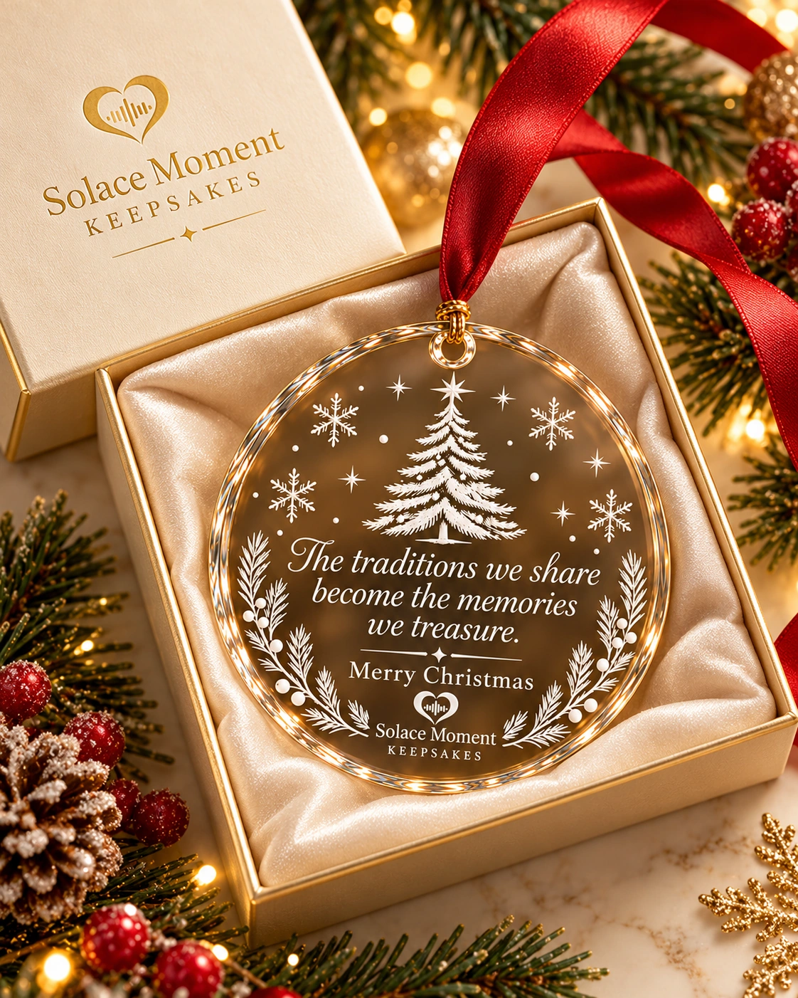 Ornament in its premium gift box beside the branded Solace Moment Keepsakes lid, gold and red holiday styling.