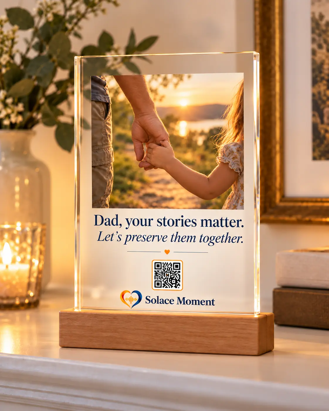 Illuminated acrylic plaque: Father and daughter holding hands; Dad, your stories matter.