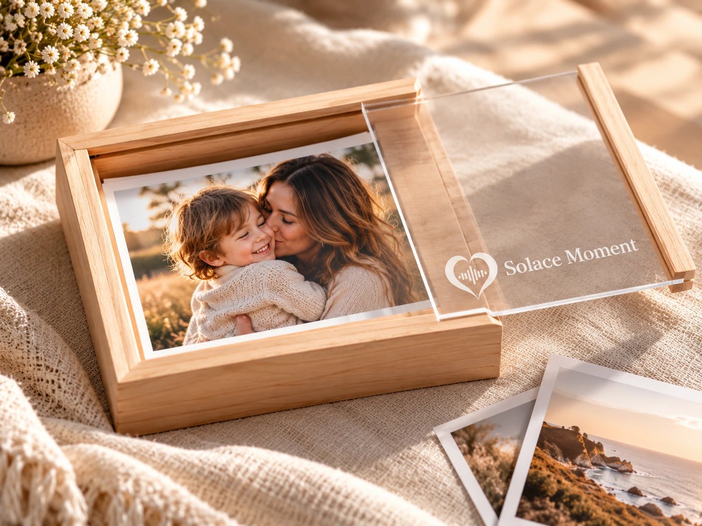 Signature Photo Keepsake Box with sliding engraved acrylic lid and cherished family photograph