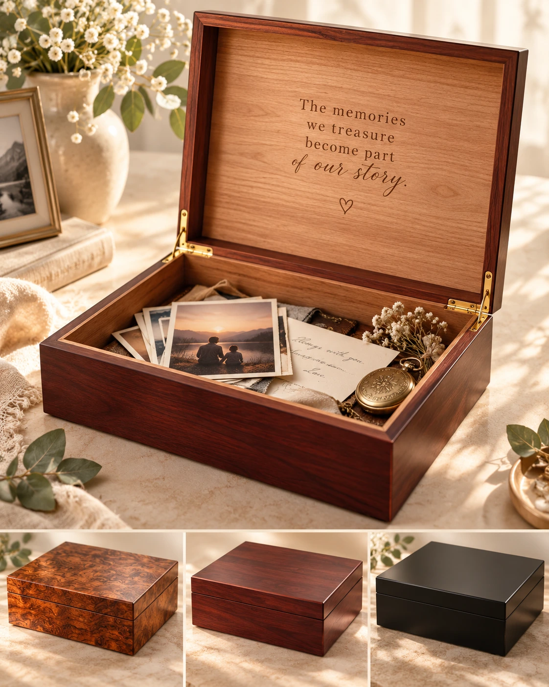 Open Signature Memory Box with photographs and heirlooms, plus Burl, Cherry, and Black finish views